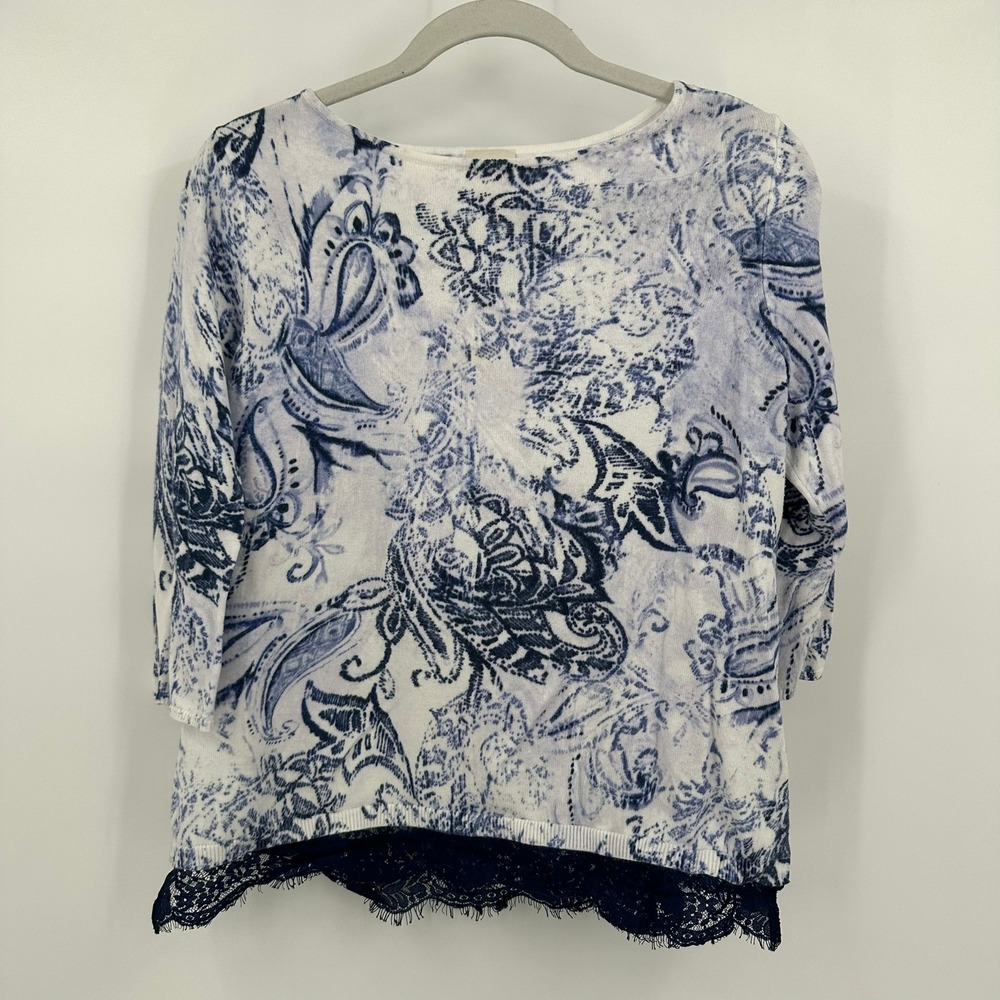 Chicos Womens Moody Romantic Paisley Top Size 1P US MP Lace Hem Artsy Blue White